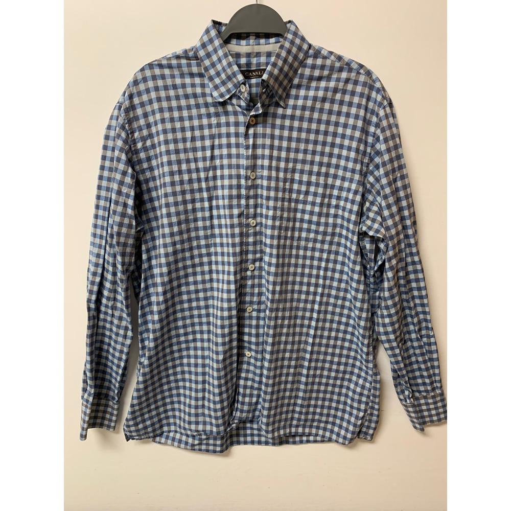Canali‎ Mens XL Blue Gingham Check Button Down Shirt Made in Italy Cotton